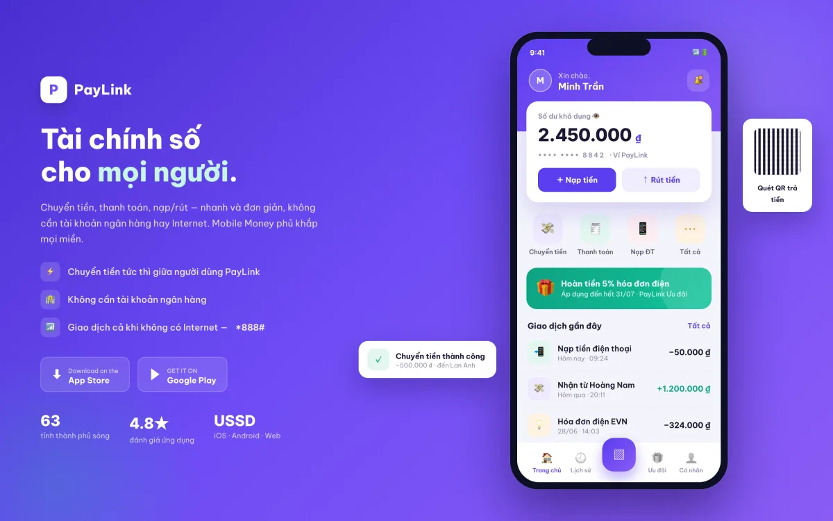 PayLink — Hệ sinh thái tài chính số (Mobile Money) screenshot 1