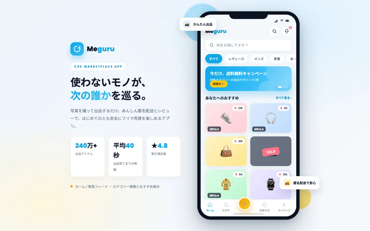 フリマ・個人間売買プラットフォーム「Meguru(めぐる)」